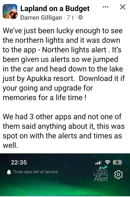 Facebook recommendation on Aurora Alert App